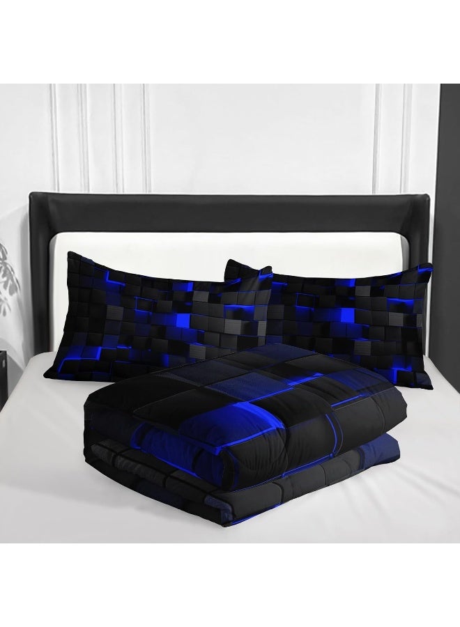 Nttopship Geometric Blue Black Comforter Set, Light Honeycomb 3 Piece Bedding Set Queen Size for Teen Boys, Modern Quilt Set Geometry Decor, Microfiber Lightweight 1 Comforter 2 Pillowcases All Season - Image 4